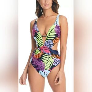 Bar III Tropical Palm Prowl Cross-Front One-piece Swimsuit NWOT Size Medium